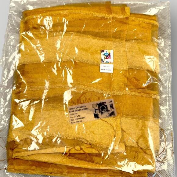Pure 100% Silk Hand Woven Scarf Wrap Sheered Fringed Fusion Gold Made in India - Picture 7 of 7